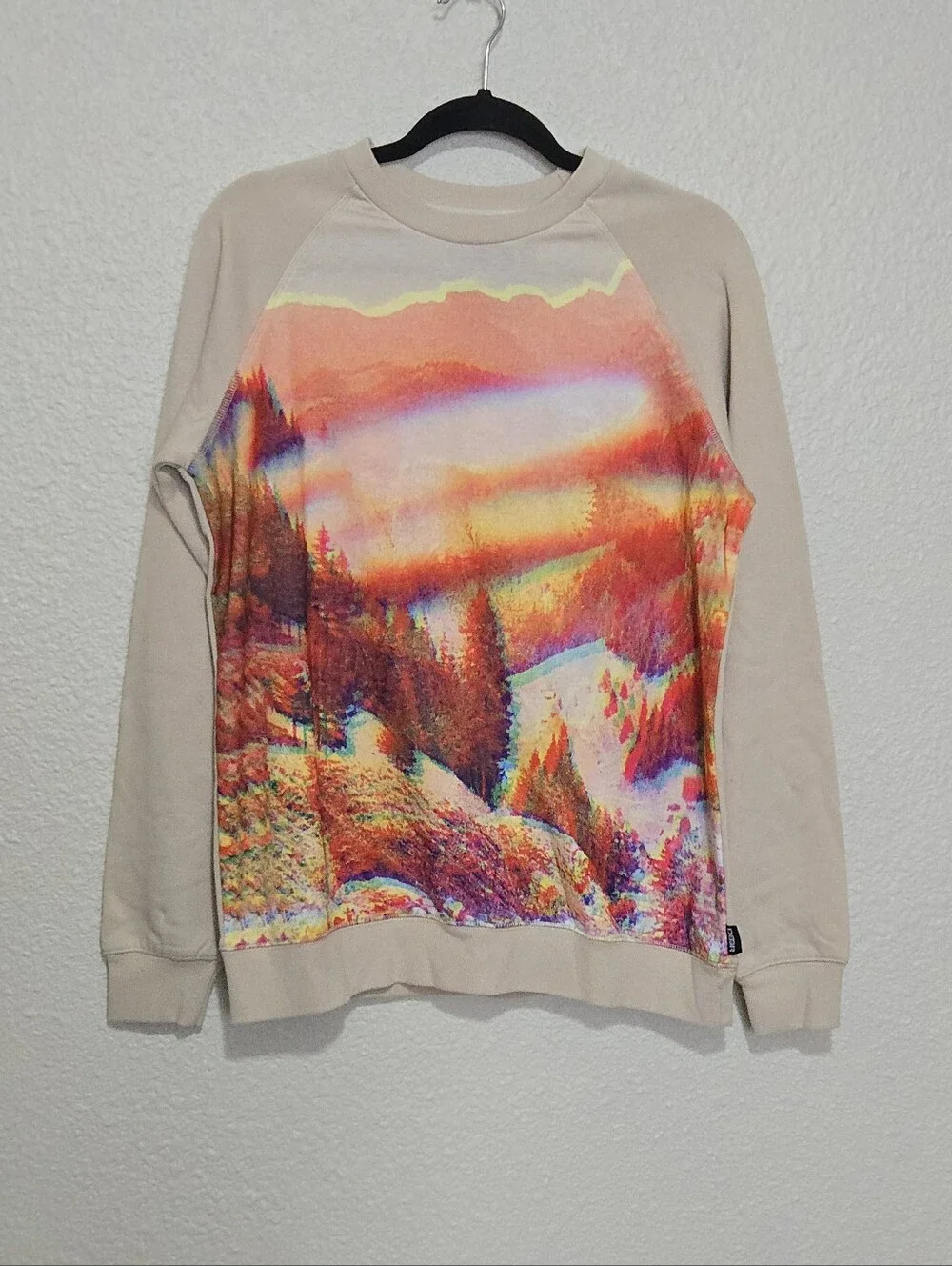 DETER Clothing Crew Sweatshirt - Psychedelic Landscape Graphic - Beige - Size M